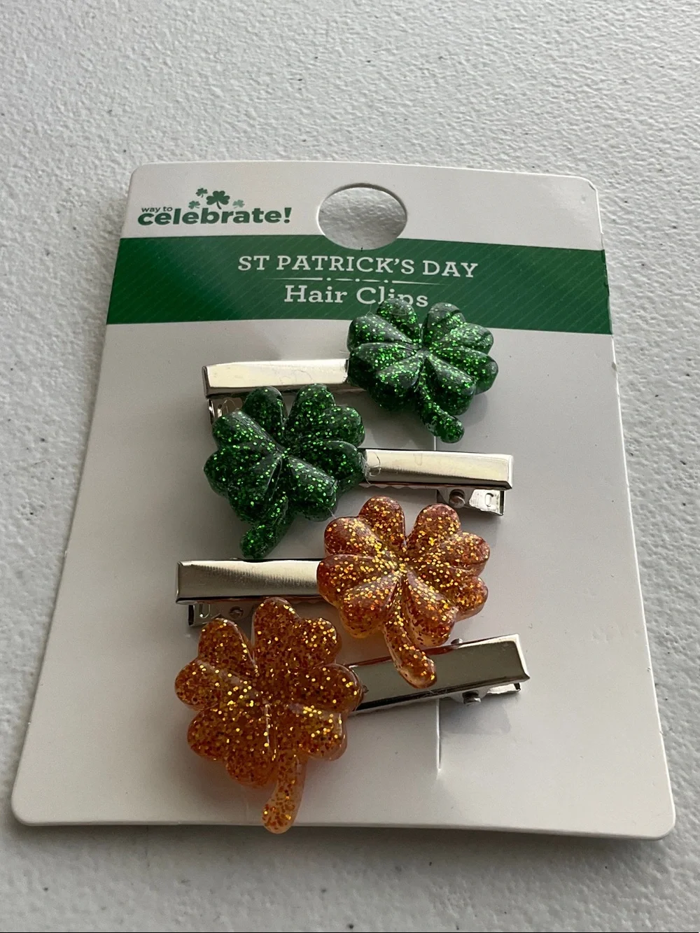 St. Patrick's Day Kids Hair Clips - Green & Orange Glitter Clover